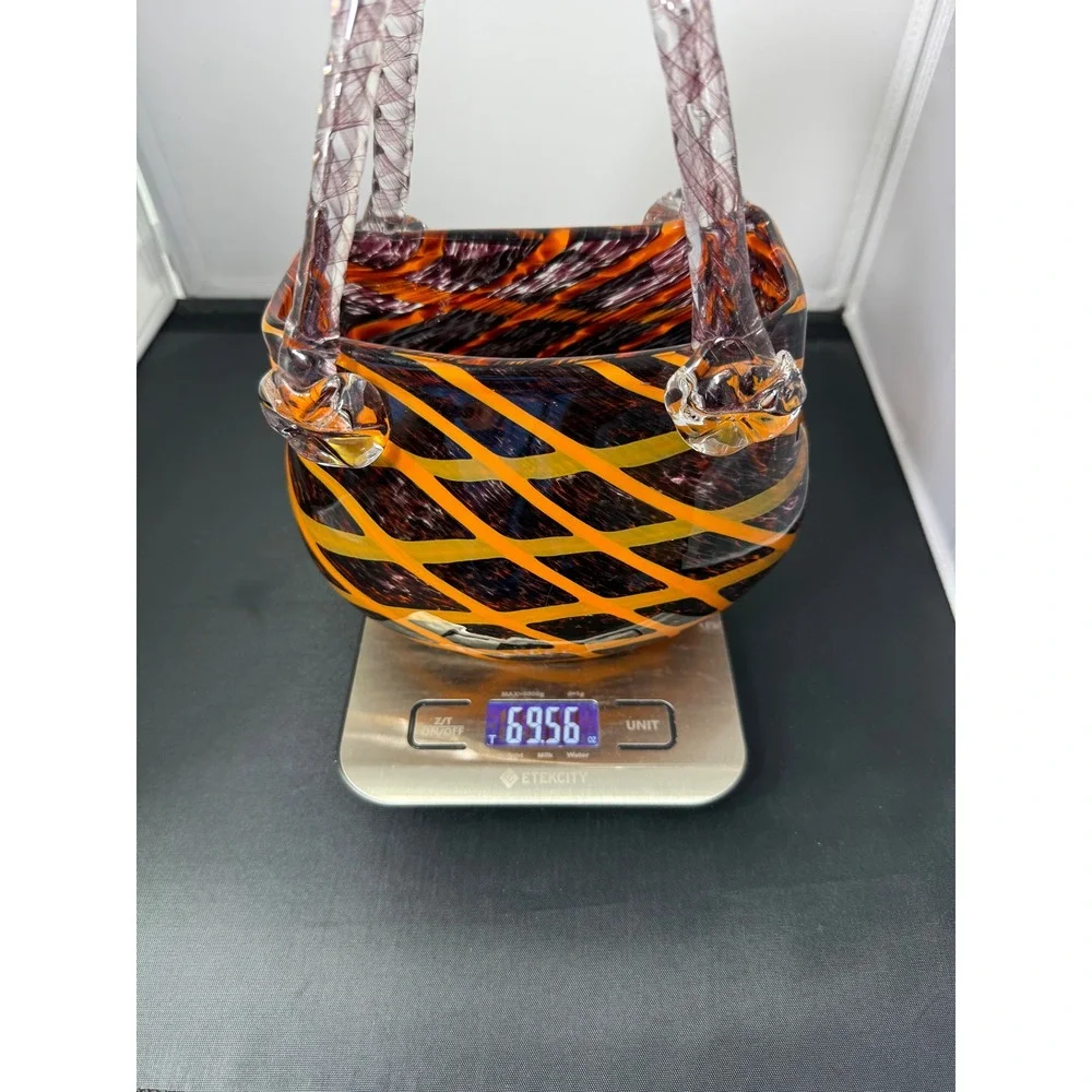 Fifth‎ Avenue Crystal Glass vase Purse Orange Black Swirl Twisted Handles